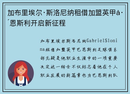 加布里埃尔·斯洛尼纳租借加盟英甲巴恩斯利开启新征程