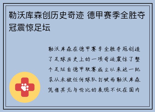 勒沃库森创历史奇迹 德甲赛季全胜夺冠震惊足坛